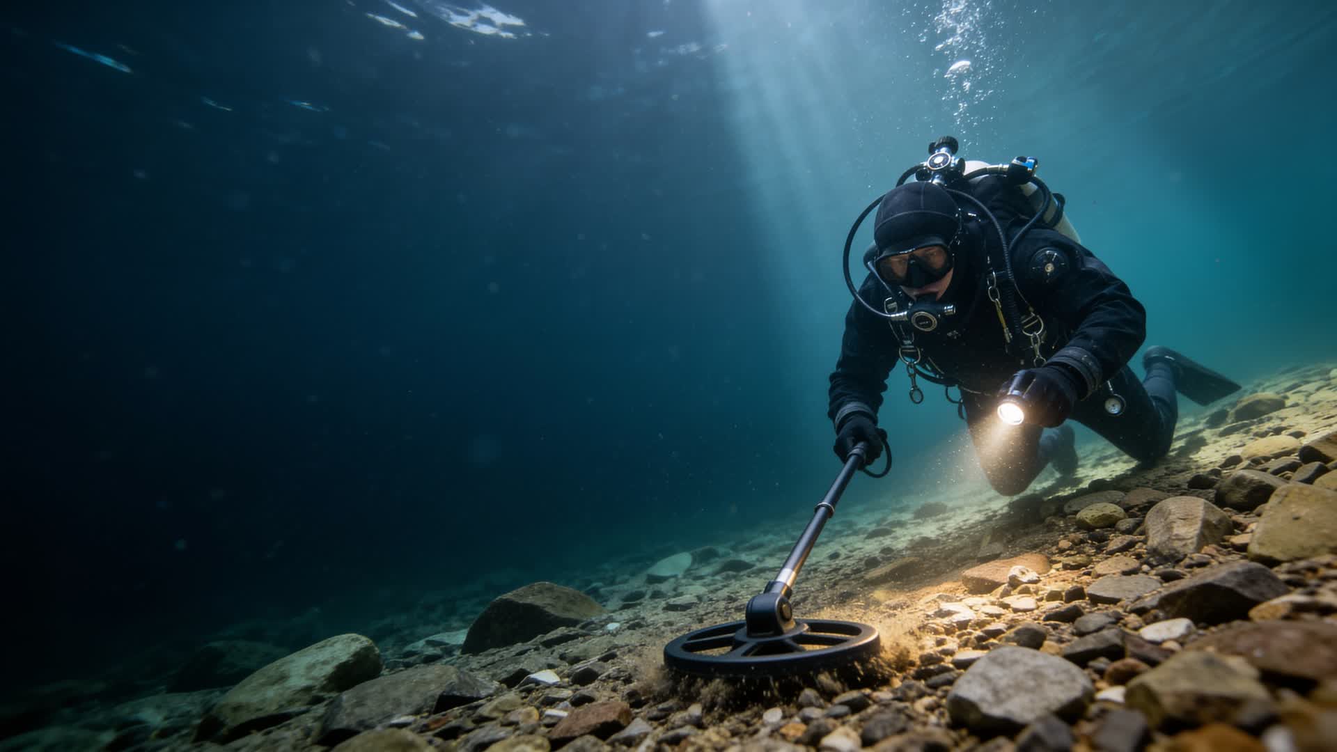 Diver searching the lake bed with an underwater metal detector and a lamp