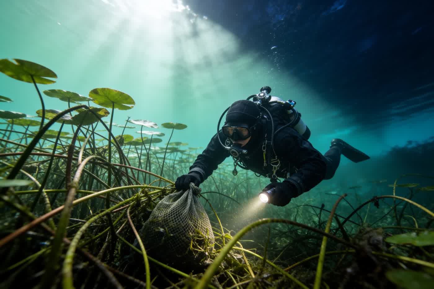 Diver removing tangled waterweeds from the lake bed